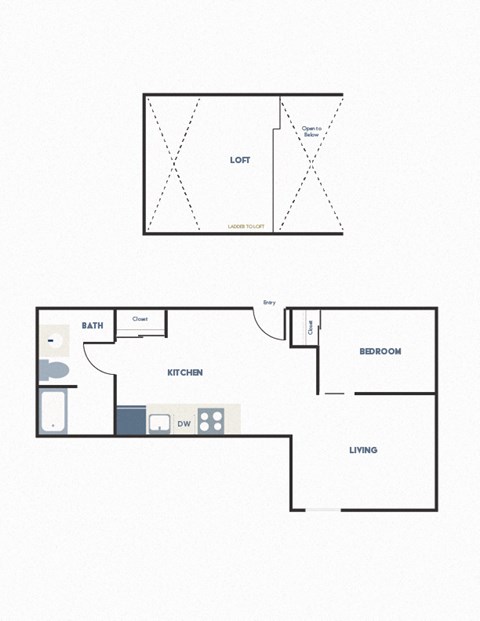 A floor plan of a small apartment with a living room, kitchen, bedroom, and bathroom.